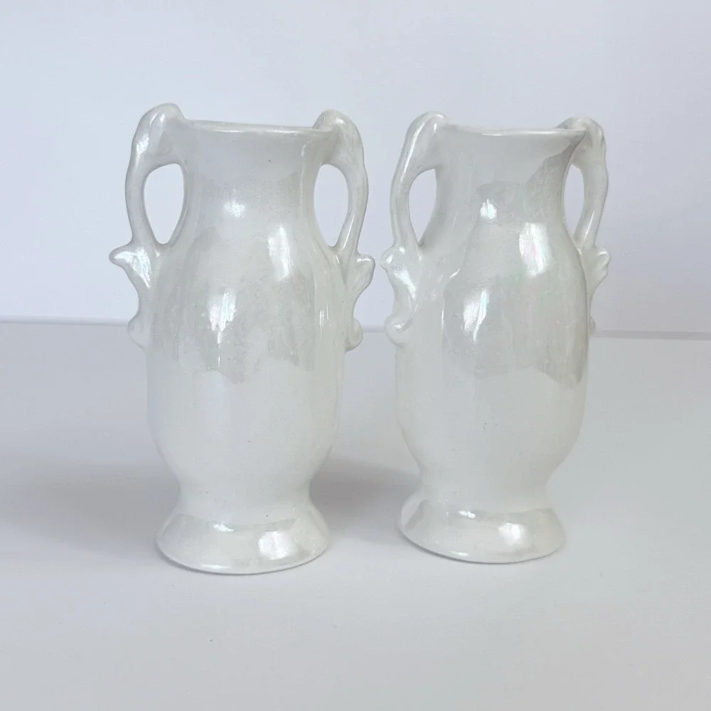 Vintage White Lusterware Cherub Mantle Vase Pair Mid Century Cherubs Set 2